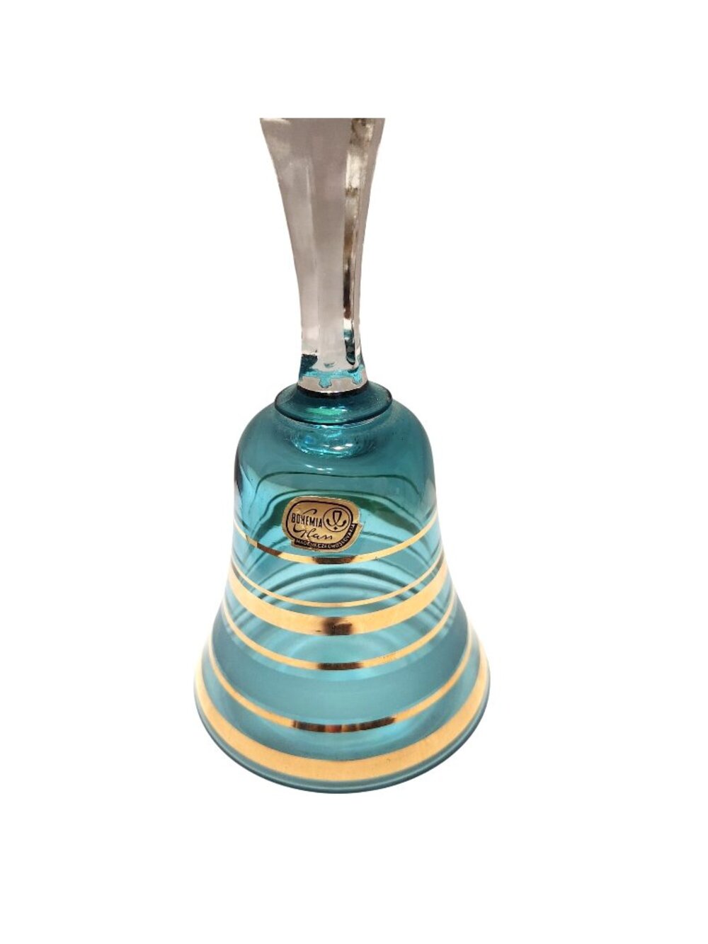 Bohemia Handcrafted Glass Bell With Gold Stripes & Blue Finish Crystal Handle